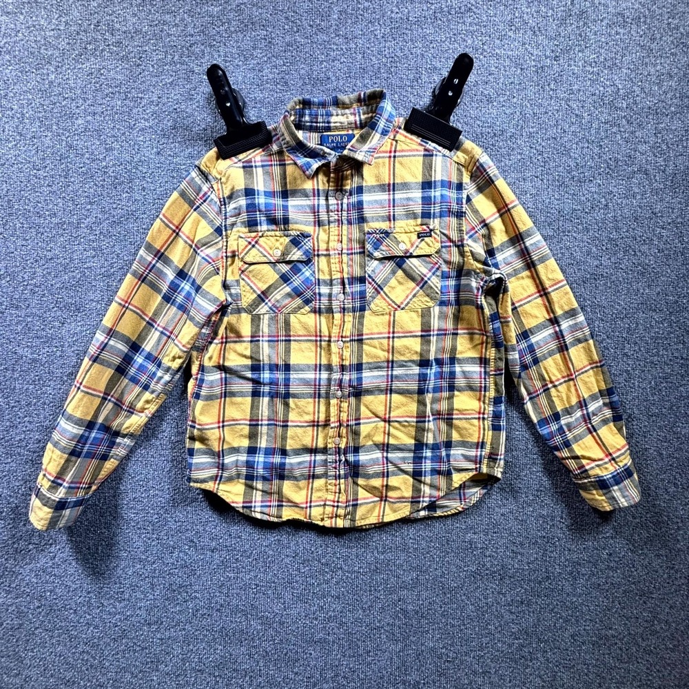 Polo Ralph Lauren Flannel Shirt Kids Large Yellow Blue Plaid Button Front Casual